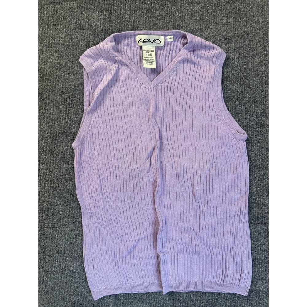 Kevo Silk Sweater Vest Womens Large Purple Ribbed V-Neck Sleeveless Knit Top